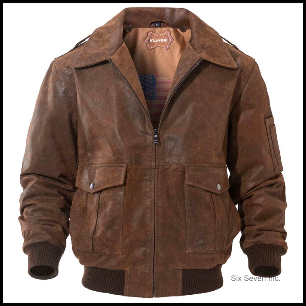 Leather Bomber Jacket Aviator Style Classic Retro Wind Resistant Multi Pocket